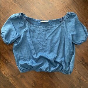 madewell puff sleeve crop blouse shirt top chambray blue size medium